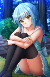 Rule 34 | 1other, :t, ass, bare arms, bare shoulders, black thighhighs, blue dress, blue hair, blue panties, blurry, blurry background, blush, braid, closed mouth, collarbone, commentary, day, depth of field, dress, feet out of frame, hair between eyes, highres, kazenokaze, knees up, long hair, looking at viewer, no shoes, on grass, other focus, outdoors, panties, pout, rimuru tempest, single braid, sitting, sleeveless, sleeveless dress, solo, tensei shitara slime datta ken, thighhighs, tree, underwear, yellow eyes