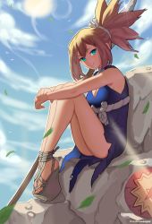 Rule 34 | 1girl, artist name, bare arms, bare shoulders, bird, blonde hair, blue dress, blue eyes, blue sky, cloud, day, dr. stone, dress, falling leaves, full body, hair between eyes, hair tie, high heels, high ponytail, highres, hirosenpai, holding, holding weapon, kohaku (dr. stone), leaf, looking at viewer, parted lips, platform shoes, polearm, ponytail, rock, rope, rope belt, sandals, shield, sitting, sky, smile, spear, sun, thighs, weapon, wedge heels, wind