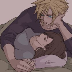 Rule 34 | 1boy, 1girl, bed sheet, blonde hair, blue eyes, blush, breasts, brown hair, cloud strife, couple, earrings, final fantasy, final fantasy vii, final fantasy vii remake, holding hands, jewelry, large breasts, long hair, looking at another, lying, mapcvt, on back, parted lips, pillow, shirt, simple background, sleeping, spiked hair, square enix, tifa lockhart, under covers, upper body