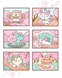 Rule 34 | 2koma, boat, bulbasaur, cherry blossoms, closed mouth, comic, creatures (company), eevee, flower, forest, game freak, gen 1 pokemon, gen 4 pokemon, gen 6 pokemon, gen 7 pokemon, highres, leafeon, legendary pokemon, lily pad, mythical pokemon, nature, nintendo, open mouth, pokemon, pokemon (creature), rowlet, shaymin, shaymin (land), sitting, sylveon, trxyland, walking, water, watercraft