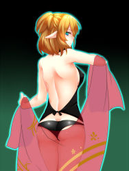 Rule 34 | 1girl, alternate costume, ass, bare back, black panties, blonde hair, breasts, female focus, gradient background, green background, green eyes, large breasts, mizuhashi parsee, panties, pointy ears, shawl, short hair, short ponytail, sideboob, simple background, solo, touhou, transparent, underwear, yutazou