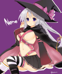 Rule 34 | 1girl, ayachi nene, belt, breasts, detached sleeves, gatakenjin, hat, long hair, medium breasts, navel, purple eyes, ribbon, sanoba witch, silver hair, skirt, solo, thighhighs, witch hat