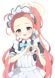 Rule 34 | apron, black dress, blue archive, blue bow, blush, bow, dress, forehead, frown, grey eyes, halo, heart, heart hands, highres, long hair, looking at viewer, maid, maid apron, maid headdress, open mouth, red eyes, red hair, short sleeves, simple background, tyakomes, upper body, white background, yuzu (blue archive), yuzu (maid) (blue archive)