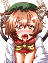 Rule 34 | 1girl, all fours, animal ears, blush, bottomless, bow, brown eyes, brown hair, cat ears, cat tail, chen, commentary request, from above, hat, heart, highres, long sleeves, looking at viewer, mob cap, multiple tails, nekomata, no uvula, open mouth, oral invitation, saliva, shirt, solo, tail, tongue, tongue out, touhou, vest, white day, zan (harukahime)