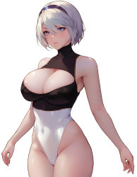 Rule 34 | 1girl, 2b (nier:automata), aztodio, back cutout, bare shoulders, black hairband, blue eyes, blush, breasts, cleavage, cleavage cutout, clothing cutout, collarbone, hairband, heattech leotard, large breasts, leotard, looking at viewer, mole, mole under mouth, nier:automata, nier (series), no blindfold, short hair, simple background, sleeveless, solo, thong leotard, turtleneck, virtuous contract, white background, white hair, white leotard