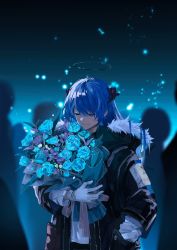 Rule 34 | 1girl, arknights, black halo, black jacket, blue hair, bouquet, chinese commentary, closed eyes, commentary request, dark halo, demon horns, duang, flower, fur-trimmed hood, fur trim, gloves, halo, hand in pocket, highres, holding, holding bouquet, hood, hood down, hooded jacket, horns, jacket, mostima (arknights), open clothes, open jacket, shirt, solo, upper body, white gloves, white shirt