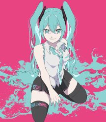 Rule 34 | 1girl, arm at side, bare arms, bare shoulders, between legs, black skirt, black thighhighs, blue eyes, blue hair, blue necktie, breasts, collared shirt, eiku, eyelashes, eyes visible through hair, from above, full body, grey shirt, hair between eyes, hand between legs, hatsune miku, highres, long hair, looking at viewer, looking up, medium breasts, multicolored eyes, necktie, paint, paint splatter, parted lips, pink background, pink eyes, pleated skirt, seiza, shirt, sidelocks, simple background, sitting, skirt, sleeveless, sleeveless shirt, smile, solo, spread legs, tareme, thighhighs, thighs, twintails, vocaloid, zettai ryouiki