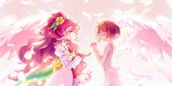 Rule 34 | 2girls, back bow, bow, closed mouth, cure grace, dress, feathered wings, flower, from side, hair flower, hair ornament, hanadera nodoka, own hands clasped, healin&#039; good precure, highres, kyoutsuugengo, long hair, long sleeves, multiple girls, own hands together, precure, profile, red hair, short hair, sleeveless, sleeveless dress, smile, sundress, very long hair, white dress, white wings, wings, yellow bow, yellow flower