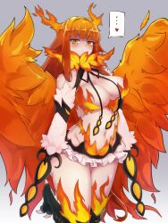 Rule 34 | ..., 1girl, animal feet, bare shoulders, bird legs, blunt bangs, blush, breasts, commentary, feathered wings, grey background, groin, harpy, heart, highres, large breasts, long hair, looking at viewer, monster girl, monster girl encyclopedia, navel, orange eyes, orange hair, phoenix (monster girl encyclopedia), revealing clothes, simple background, solo, spoken ellipsis, spoken heart, winged arms, wings, yonaga san
