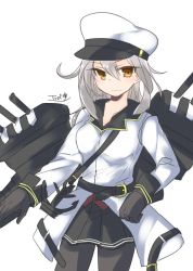 Rule 34 | 10s, 1girl, anchor, belt, black gloves, black pantyhose, black skirt, breasts, brown eyes, cannon, coat, cowboy shot, gangut (kancolle), gloves, grey hair, hair ornament, hairclip, hat, kantai collection, long hair, looking at viewer, machinery, medium breasts, military hat, miniskirt, nac tf, pantyhose, pleated skirt, school uniform, serafuku, signature, skirt, smile, solo, turret, white background