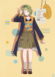 Rule 34 | 1girl, 2018, ;), alternate costume, arm at side, artist name, beige background, blue coat, blue hairband, brown footwear, coat, dated, fen renlei, full body, green hair, grey skirt, grey socks, gumi, hairband, happy, jewelry, looking at viewer, necklace, one eye closed, orange shirt, polka dot, polka dot background, ribbon, shadow, shirt, short hair, simple background, skirt, smile, socks, solo, standing, striped, striped background, tag, v, vocaloid