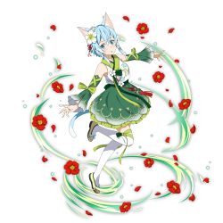 Rule 34 | 1girl, :o, animal ears, arm ribbon, blue eyes, blue hair, blush, cat ears, cat tail, detached sleeves, flower, frilled skirt, frills, full body, green ribbon, green skirt, green sleeves, hair between eyes, hair ribbon, highres, leg up, long sleeves, looking at viewer, miniskirt, outstretched arms, red flower, red ribbon, ribbon, shirt, short hair with long locks, sidelocks, sinon (sao-alo), skirt, sleeveless, sleeveless shirt, solo, standing, standing on one leg, sword art online, tail, thighhighs, transparent background, white ribbon, white shirt, white thighhighs