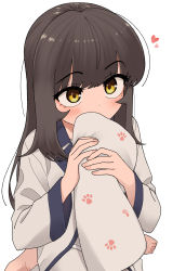 Rule 34 | 1girl, barefoot, black hair, blush, brown eyes, commentary request, copyright request, covered mouth, heart, highres, holding, holding pillow, korean commentary, long hair, long sleeves, mole, mole under eye, nakta, original, paw print, pillow, simple background, sitting, solo, white background, wide sleeves