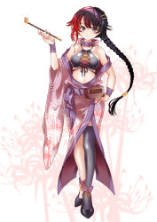 Rule 34 | 1girl, black hair, black thighhighs, braid, cross-laced clothes, floral background, floral print, flower, hairband, hand on own hip, highres, japanese clothes, kawanobe, kiseru, long hair, looking at viewer, off shoulder, original, parted bangs, purple eyes, single thighhigh, smoking pipe, solo, spider lily, spider lily print, standing, thighhighs, wrist cuffs
