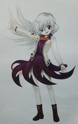 Rule 34 | 1girl, angel wings, bad id, bad pixiv id, boots, bow, brown jacket, dress, gradient background, grey hair, grey wings, half-closed eye, head tilt, jacket, kishin sagume, open hand, open mouth, outstretched arm, pointing, purple dress, purple eyes, short dress, short hair, shu (loveeater), single wing, smile, solo, touhou, uneven eyes, wings, zun (style)