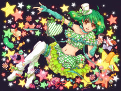 Rule 34 | 1girl, \m/, amano (tsubakicome), bow, cake, candy, food, frills, gathers, green hair, hat, heart, lollipop, macaron, macross, macross frontier, midriff, mini hat, mini top hat, nail polish bottle, navel, pastry, pocky, ranka lee, red eyes, short hair, smile, solo, star (symbol), thighhighs, top hat