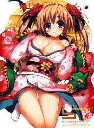 Rule 34 | 1girl, absurdres, blush, breasts, brown hair, bursting breasts, cleavage, dragon, eastern dragon, egasumi, floral print, highres, huge filesize, japanese clothes, kimono, kneeling, large breasts, new year, panties, purple eyes, shiny skin, smile, solo, striped clothes, striped panties, tabi, tomose shunsaku, underwear