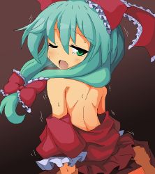 Rule 34 | 1girl, back, blush, bow, disembodied hand, dress, from behind, front ponytail, gradient background, green eyes, green hair, hair bow, hair ribbon, implied sex, jitome, kagiyama hina, looking at viewer, looking back, motion lines, nagaresimasu, off shoulder, one eye closed, open mouth, puffy sleeves, red dress, ribbon, shoulder blades, simple background, solo focus, sweat, tears, topless, touhou, trembling, undressing