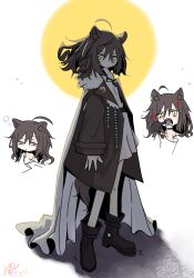 Rule 34 | 1girl, absurdres, ahoge, anger vein, angry, animal ears, arknights, backlighting, beads, belt, black belt, black choker, boots, brown hair, brown jacket, cape, choker, circle, collarbone, cropped shoulders, detached ahoge, disembodied hand, dosei no kozika, dress, finger in another&#039;s mouth, full body, fur-trimmed jacket, fur trim, heart, highres, jacket, light blush, looking at viewer, loose clothes, lunacub (arknights), medium hair, messy hair, mouth pull, multiple views, open clothes, open jacket, open mouth, saliva, shadow, short dress, signature, squeans, sleepy, slit pupils, standing, tail, v-shaped eyebrows, white background, white cape, white dress, wolf ears, wolf girl, wolf tail, yellow eyes