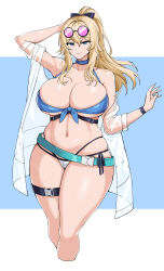 Rule 34 | 1girl, bikini, blonde hair, blue eyes, blush, bow, breasts, cleavage, curvy, genshin impact, hair bow, hella p, highres, huge breasts, jean (genshin impact), long hair, looking at viewer, ponytail, sidelocks, smile, solo, swimsuit, thick thighs, thighs, wide hips