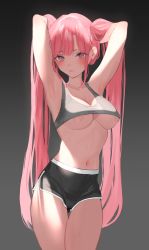 Rule 34 | 1girl, areola slip, armpits, arms up, bad id, bad pixiv id, bare legs, black background, black shorts, black tank top, blush, breasts, cleavage, closed mouth, cowboy shot, dolphin shorts, eyelashes, gradient background, hands in hair, highres, lips, lipstick, long hair, looking at viewer, makeup, medium breasts, midriff, navel, original, pink eyes, pink hair, short shorts, shorts, simple background, sleeveless, smile, solo, sutochan, sweat, tank top, thigh gap, thighs, twintails, underboob, veins, veiny breasts