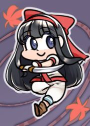 Rule 34 | 1girl, ainu clothes, arms up, black hair, blue eyes, chibi, fingerless gloves, gloves, hair ribbon, highres, legs, nakoruru, pants, ribbon, samurai spirits, snk, solo, the king of fighters, thick thighs, thighs, weapon