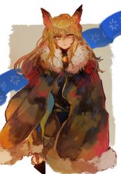 Rule 34 | 1girl, animal ears, blonde hair, brooch, cape, cloak, fox ears, fur trim, highres, jewelry, juneliu927, long hair, looking at viewer, pixiv fantasia, pixiv fantasia last saga, quintica chief of the polar night, simple background, solo, standing, very long hair, yellow eyes