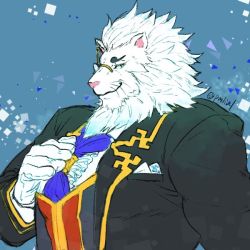 Rule 34 | 1boy, ascot, bara, black suit, blue ascot, blue background, formal, frills, furry, furry male, gloves, gold trim, hand on own chest, hand up, long sleeves, looking at viewer, male focus, mane, monocle, pmlial, pocket square, snow (housamo), solo, suit, tokyo houkago summoners, twitter username, upper body, vest, white gloves, white hair