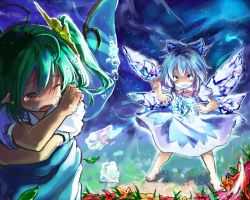 Rule 34 | 2girls, angry, bad id, bad pixiv id, bandaid, barefoot, blue eyes, blue hair, bow, bullying, cirno, clenched teeth, crossed arms, daiyousei, dress, fairy wings, flower, gradient background, green eyes, green hair, hair bow, hair ribbon, hutaba123, ice, ice wings, light particles, looking at another, multiple girls, one eye closed, open mouth, pointy ears, puffy short sleeves, puffy sleeves, ribbon, scowl, short hair, short sleeves, side ponytail, skirt, skirt set, tears, teeth, touhou, wings, wink
