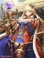 Rule 34 | 1girl, bad id, bad pixiv id, black gloves, blue cape, bow, breasts, cape, choker, cleavage, crown, detached sleeves, dragon tactics, fantasy, fur trim, gloves, gold trim, hand up, highres, hm (tolosalmon), indoors, large breasts, long hair, looking at viewer, official art, open mouth, orb, purple eyes, red thighhighs, smile, solo, staff, standing, thighhighs, tilted headwear, very long hair