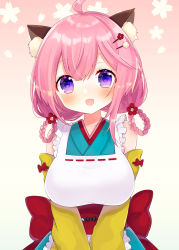 Rule 34 | 1girl, :d, ahoge, animal ear fluff, animal ears, apron, beige background, blue kimono, blush, braid, braided hair rings, breasts, copyright request, detached sleeves, floral background, flower, gradient background, hair between eyes, hair flower, hair ornament, hair rings, hairclip, highres, hinanosuke, indie virtual youtuber, japanese clothes, kimono, large breasts, long hair, long sleeves, obi, open mouth, petals, pink background, pink hair, purple eyes, red flower, ribbon-trimmed apron, ribbon trim, sash, sleeveless, sleeveless kimono, smile, solo, twin braids, v arms, virtual youtuber, white apron, yellow sleeves