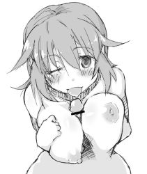 Rule 34 | 1girl, between breasts, blush, breasts, censored, charlotte e. yeager, greyscale, hetero, kuronyan, large breasts, long hair, looking at viewer, messy hair, monochrome, nipples, nude, one eye closed, open mouth, paizuri, penis, solo focus, strike witches, wink, world witches series
