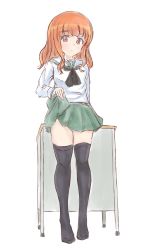 Rule 34 | 1girl, absurdres, black neckerchief, black thighhighs, blouse, blunt bangs, closed mouth, clothes lift, commentary, desk, full body, girls und panzer, green skirt, highres, lifted by self, light frown, long hair, long sleeves, looking at viewer, miniskirt, munisuke (zrkt7883), neckerchief, no shoes, ooarai school uniform, orange eyes, orange hair, pleated skirt, school desk, school uniform, serafuku, shirt, simple background, sketch, skirt, skirt lift, solo, standing, takebe saori, thighhighs, traditional media, white background, white shirt, zettai ryouiki