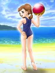 Rule 34 | 1990s (style), 1girl, adjusting clothes, adjusting swimsuit, ass, ball, beach, beachball, braid, brown eyes, brown hair, cardcaptor sakura, child, d-ten, from behind, mihara chiharu, ocean, one-piece swimsuit, sand, school swimsuit, solo, swimsuit, wedgie