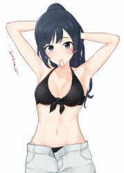 Rule 34 | 1girl, armpits, bikini, black bikini, blush, breasts, breasts apart, closed mouth, collarbone, commentary request, grey eyes, hair tie in mouth, heart, highres, looking at viewer, love live!, love live! nijigasaki high school idol club, medium breasts, midriff, mouth hold, navel, ponytail, shorts, sidelocks, solo, swept bangs, swimsuit, tatsumi432, translation request, tying hair, upper body, white background, white shorts, yuki setsuna (love live!)