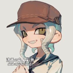 Rule 34 | 1boy, blue hair, brown hat, commentary, commission, eyebrow cut, fang, hat, jitian114514, male focus, medium hair, nintendo, octoling, octoling boy, octoling player character, open mouth, sailor collar, sailor shirt, shirt, simple background, smile, solo, splatoon (series), tentacle hair, translation request, upper body, white background, yellow eyes