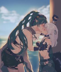 Rule 34 | 2girls, arknights, bandages, bikini, black bikini, black one-piece swimsuit, blush, choker, closed eyes, commentary, english commentary, fingerless gloves, gas mask, gavial (arknights), gavial the invincible (arknights), gloves, goggles, goggles on head, green hair, highres, kabedon, kiss, long hair, mask, midriff, multiple girls, official alternate costume, one-piece swimsuit, orz (kagewaka), pointy ears, ribbon, see-through, shorts, sidelocks, swimsuit, tail, tomimi (arknights), white hair, yuri