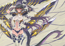 Rule 34 | 1girl, arms up, black hair, english text, engrish text, gradient hair, holding, long hair, monster girl, multicolored hair, navel, original, purple hair, ran&#039;ou (tamago no kimi), ranguage, red eyes, solo, tail, tattoo, text focus, weapon