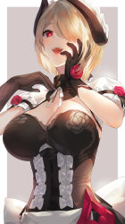 Rule 34 | 1girl, asymmetrical gloves, black gloves, blonde hair, blush, border, breasts, cleavage, flower, gloves, hair over one eye, honkai (series), honkai impact 3rd, horns, kfr, large breasts, looking at viewer, maid headdress, mismatched gloves, mole, mole under eye, open mouth, puffy short sleeves, puffy sleeves, red eyes, rita rossweisse, rita rossweisse (umbral rose), rose, short hair, short sleeves, simple background, solo, upper body, white border