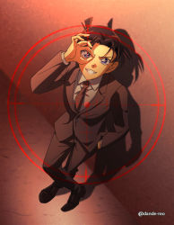 Rule 34 | 1boy, arm up, black footwear, black jacket, black necktie, black pants, black suit, blue eyes, brown hair, collared shirt, commentary request, crossed legs, dande-reo, formal, from above, full body, grey shirt, grin, hand glasses, hand in pocket, jacket, kudou shin&#039;ichi, long sleeves, looking at viewer, male focus, meitantei conan, necktie, ok sign, ok sign over eye, pants, shadow, shirt, shoes, short hair, smile, solo, standing, suit, target, twitter username