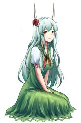Rule 34 | 1girl, bow, breasts, closed mouth, ex-keine, full body, highres, horn bow, horn ornament, horns, kamishirasawa keine, kuneamorai, light green hair, long hair, looking at viewer, medium breasts, neckerchief, red bow, red eyes, red neckerchief, short sleeves, simple background, sitting, smile, solo, touhou, v arms, white background