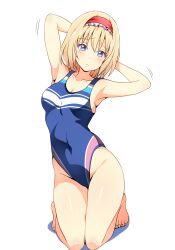 Rule 34 | 1girl, alice margatroid, alternate costume, arms behind head, blonde hair, blue eyes, blush, breasts, competition swimsuit, hairband, highres, kneeling, kyanta5354, looking at viewer, one-piece swimsuit, simple background, small breasts, solo, swimsuit, touhou, white background