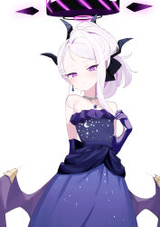 Rule 34 | 1girl, absurdres, bare shoulders, blue archive, breasts, closed mouth, commentary request, demon girl, demon horns, demon wings, dress, elbow gloves, evening gown, gloves, halo, highres, hina (blue archive), hina (dress) (blue archive), horns, jewelry, looking at viewer, low wings, necklace, odaneru apart, official alternate costume, pendant, purple dress, purple eyes, purple gloves, purple halo, ringed eyes, simple background, small breasts, solo, strapless, strapless dress, updo, white background, white hair, wings