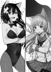 Rule 34 | 2girls, animal ears, bare shoulders, breast hold, breasts, cat ears, cowboy shot, crossed arms, crossed bandaids, detached collar, fishnet pantyhose, fishnets, flat chest, greyscale, hair ornament, ichijou kokona, kittysuit, leotard, long hair, midorikawa you, monochrome, multiple girls, multiple tails, nontraditional playboy bunny, open mouth, original, pantyhose, playboy bunny, school uniform, serafuku, skirt, tail