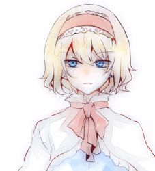 Rule 34 | 1girl, alice margatroid, bad id, bad pixiv id, blonde hair, blue eyes, capelet, earrings, expressionless, headband, jewelry, kaoru (alicemakoto), md5 mismatch, short hair, simple background, solo, touhou, upper body