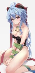 Rule 34 | 1girl, absurdres, ahoge, bare legs, bare shoulders, bell, black leotard, blue hair, blush, bow, breasts, cowbell, curled horns, ganyu (genshin impact), genshin impact, goat horns, green bow, highleg, highleg leotard, highres, horns, large breasts, leotard, long hair, looking at viewer, low ponytail, neck bell, okey, purple eyes, red bow, red eyes, simple background, strapless, strapless leotard