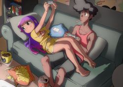Rule 34 | 1boy, 1girl, barefoot, black eyes, black hair, blouse, blunt bangs, can, chips (food), colo (nagrolaz), controller, couch, dark-skinned male, dark skin, dated, food, game controller, glitch techs, gradient hair, high five (glitch techs), highres, miko kubota, multicolored hair, on couch, pillow, purple hair, red tank top, shadow, shelf, shirt, short sleeves, shorts, signature, sitting, tank top, yellow shirt, yellow shorts