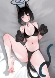Rule 34 | 1girl, absurdres, animal ears, animal hands, bare arms, bare legs, bare shoulders, barefoot, bed sheet, bikini, black bikini, black eyes, black hair, blue archive, blue halo, blush, breasts, cat ears, cat paws, cat tail, collarbone, gloves, groin, halo, highres, kikyou (blue archive), large breasts, looking at viewer, multiple tails, navel, open mouth, paw gloves, picter, short hair, solo, swimsuit, tail, toes, two tails