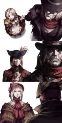 Rule 34 | 1boy, 2girls, absurdres, aged down, blood, blood splatter, bloodborne, bonnet, cloak, gehrman the first hunter, green eyes, hat, highres, holding, hunter (bloodborne), lady maria of the astral clocktower, long hair, multiple girls, plain doll, ponytail, ruukii drift, scarf, spoilers, swept bangs, the old hunters, top hat, tricorne, upper body, white hair