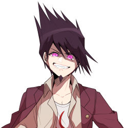 Rule 34 | 1boy, collarbone, collared shirt, commentary request, danganronpa (series), danganronpa v3: killing harmony, facial hair, goatee, grin, highres, jacket, jacket on shoulders, kitsunebi v3kokonn, looking at viewer, male focus, momota kaito, open clothes, open jacket, open shirt, pale skin, pink eyes, pink jacket, print shirt, shirt, smile, solo, spiked hair, teeth, upper body, white background, white shirt